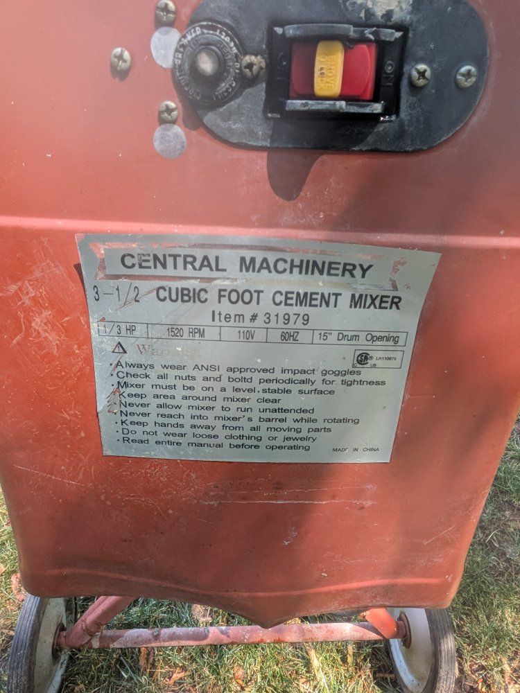 Central Machinery 3.5 Cubic Foot Cement Mixer - 1/3 HP, 1520 RPM, 110V