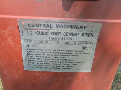 Central Machinery 3.5 Cubic Foot Cement Mixer - 1/3 HP, 1520 RPM, 110V