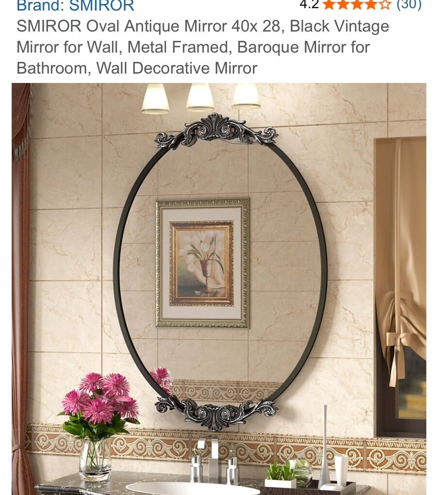 40x28 Oval Antique Mirror, Black, Baroque, Smiror