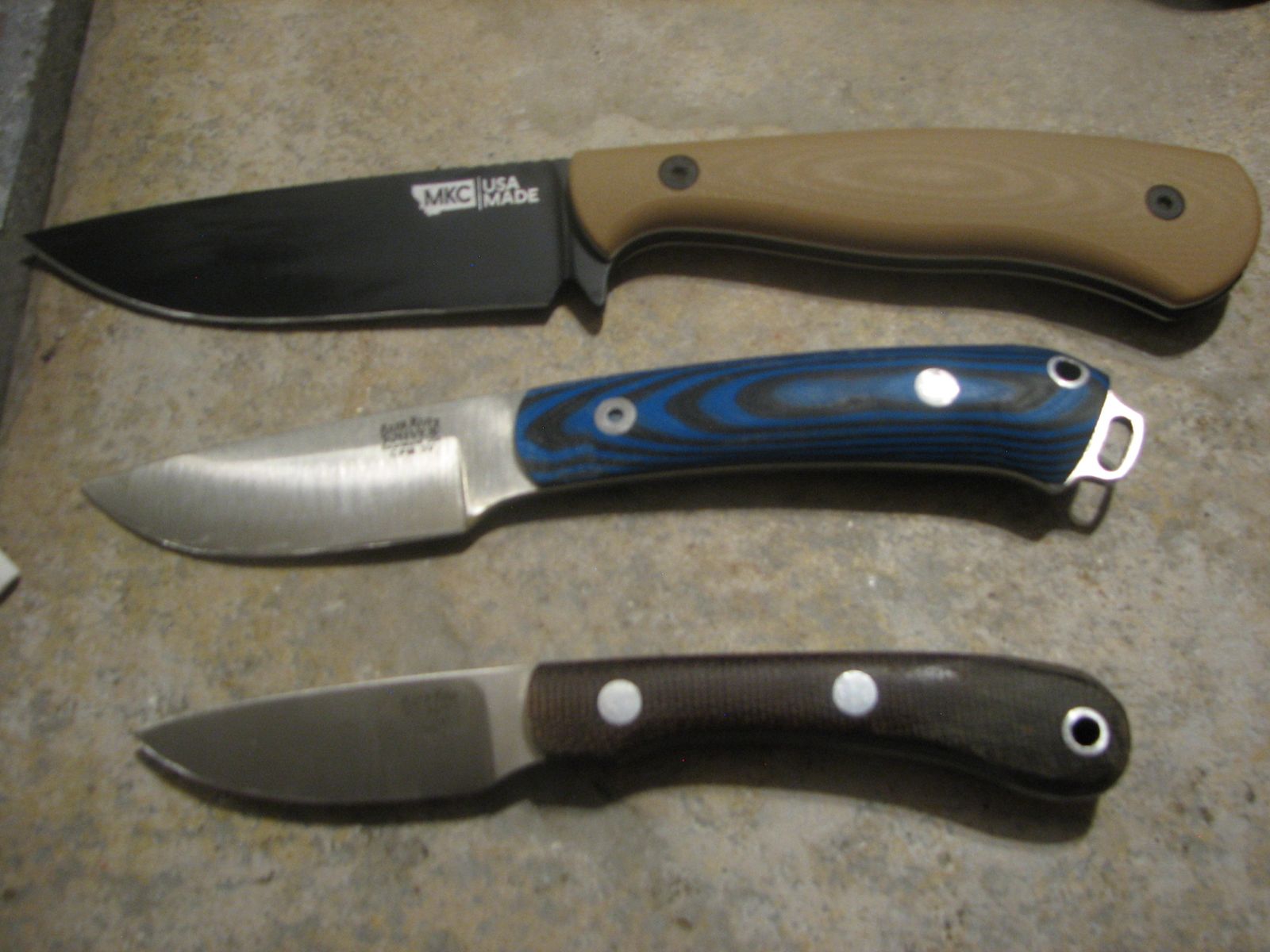 Three fixed blade knives, MKC Whitetail, Bark River Mini Fox River & Pro Scalpel
