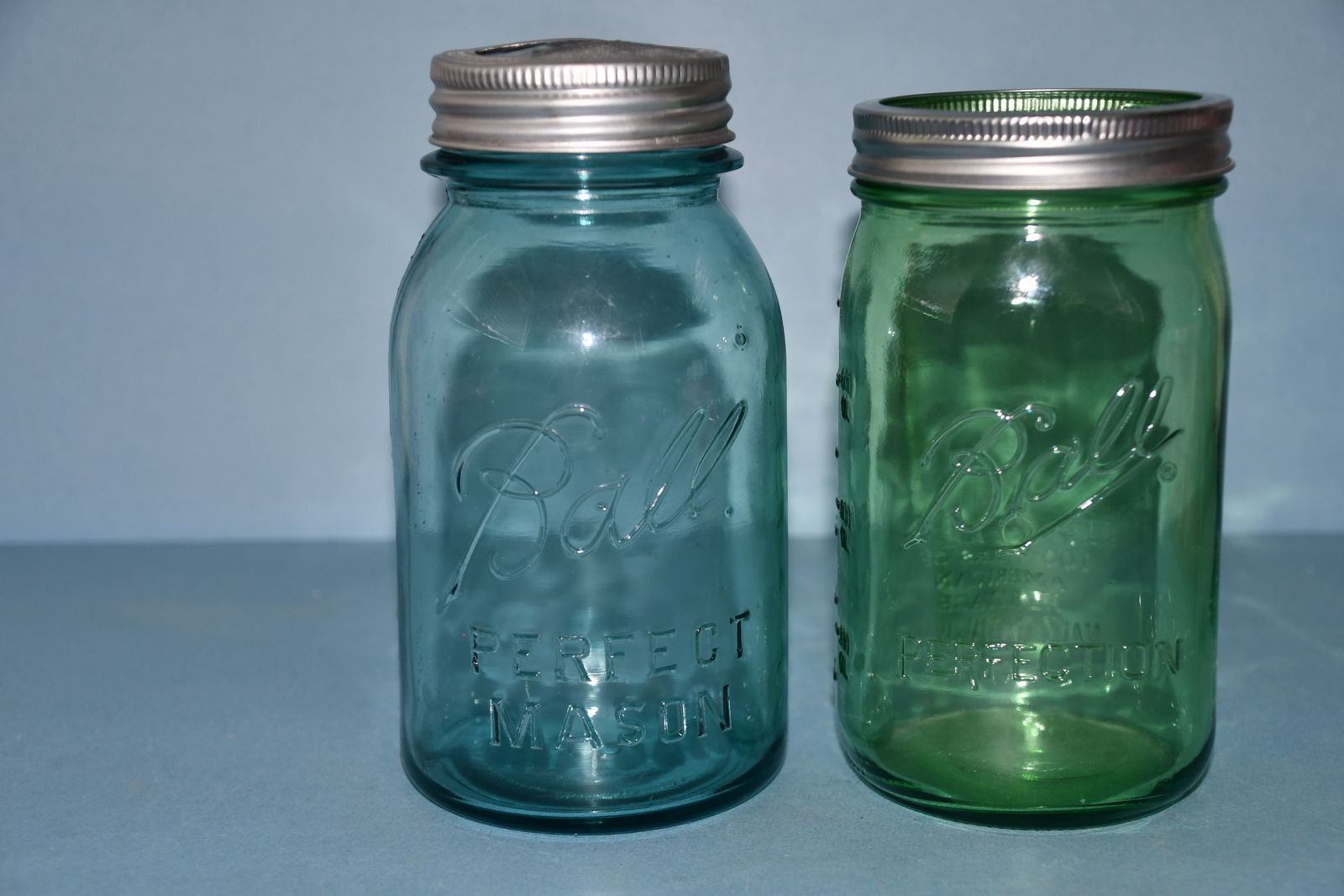2 VINTAGE "BALL" QUART JARS ~ BLUE & GREEN ~ PERFECT MASON & PERFECTION ~ UNIQUE LID & RING ~ BOTH FOR $5