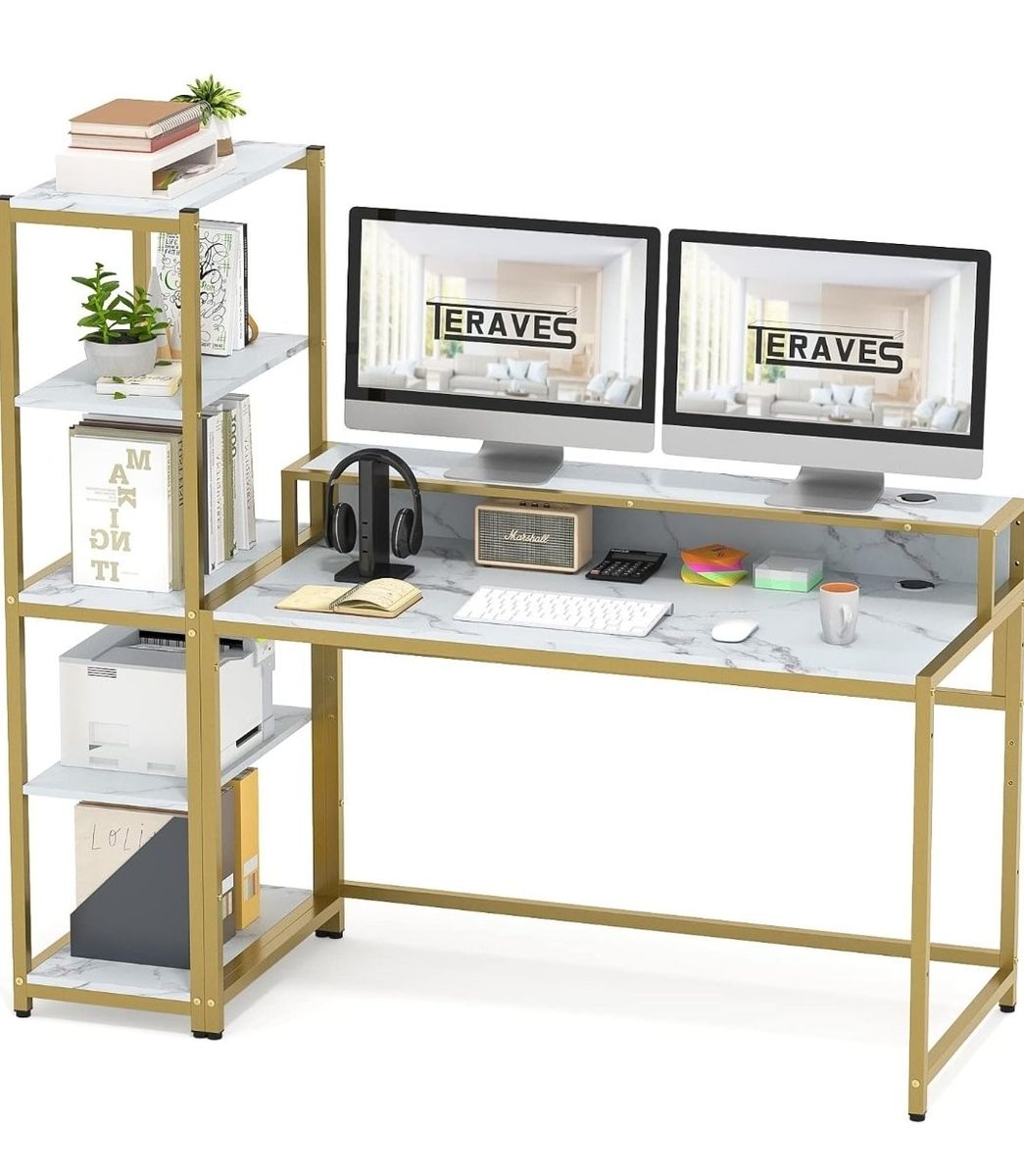 47" Computer Desk with 5-Tier Reversible Storage Shelf – White/Gold – New #465