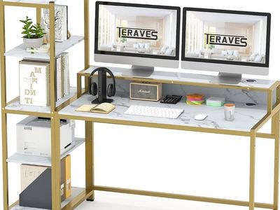 47" Computer Desk with 5-Tier Reversible Storage Shelf – White/Gold – New #465