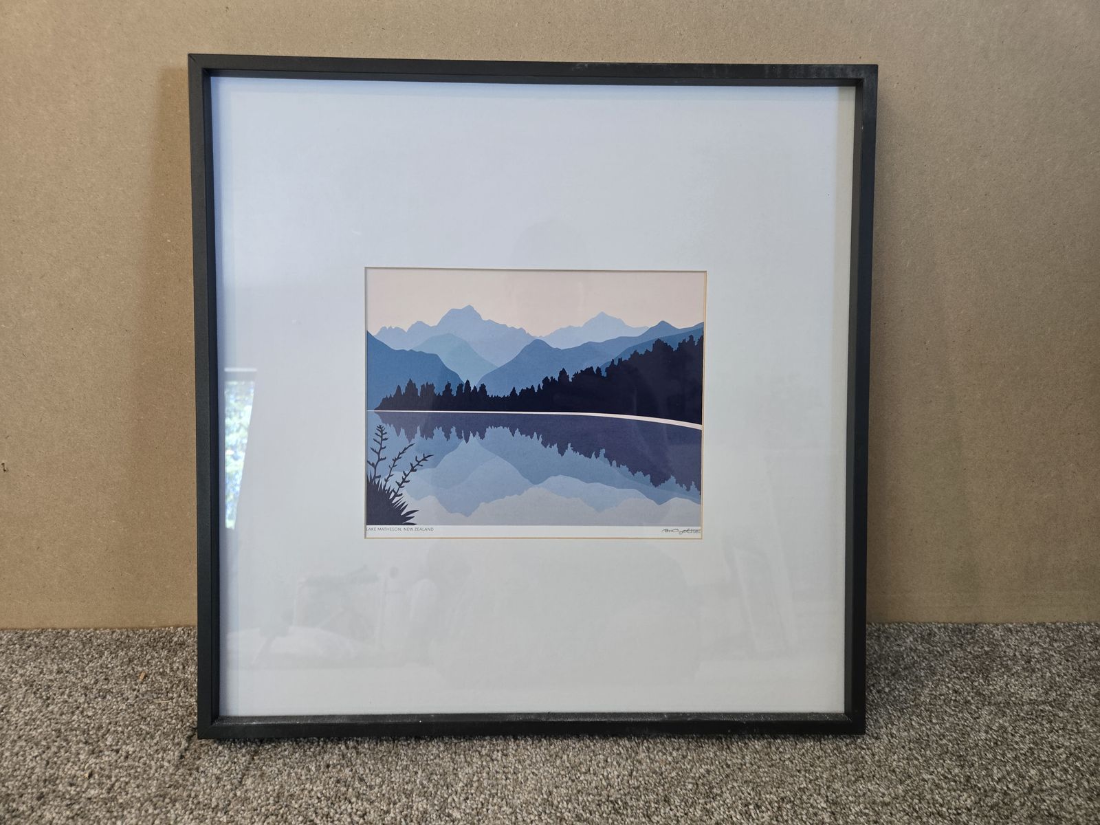 Abstract Mountain and Lake Print of Lake Matheson in New Zealand 18.5" x 18.5" modern black metal frame. Matted