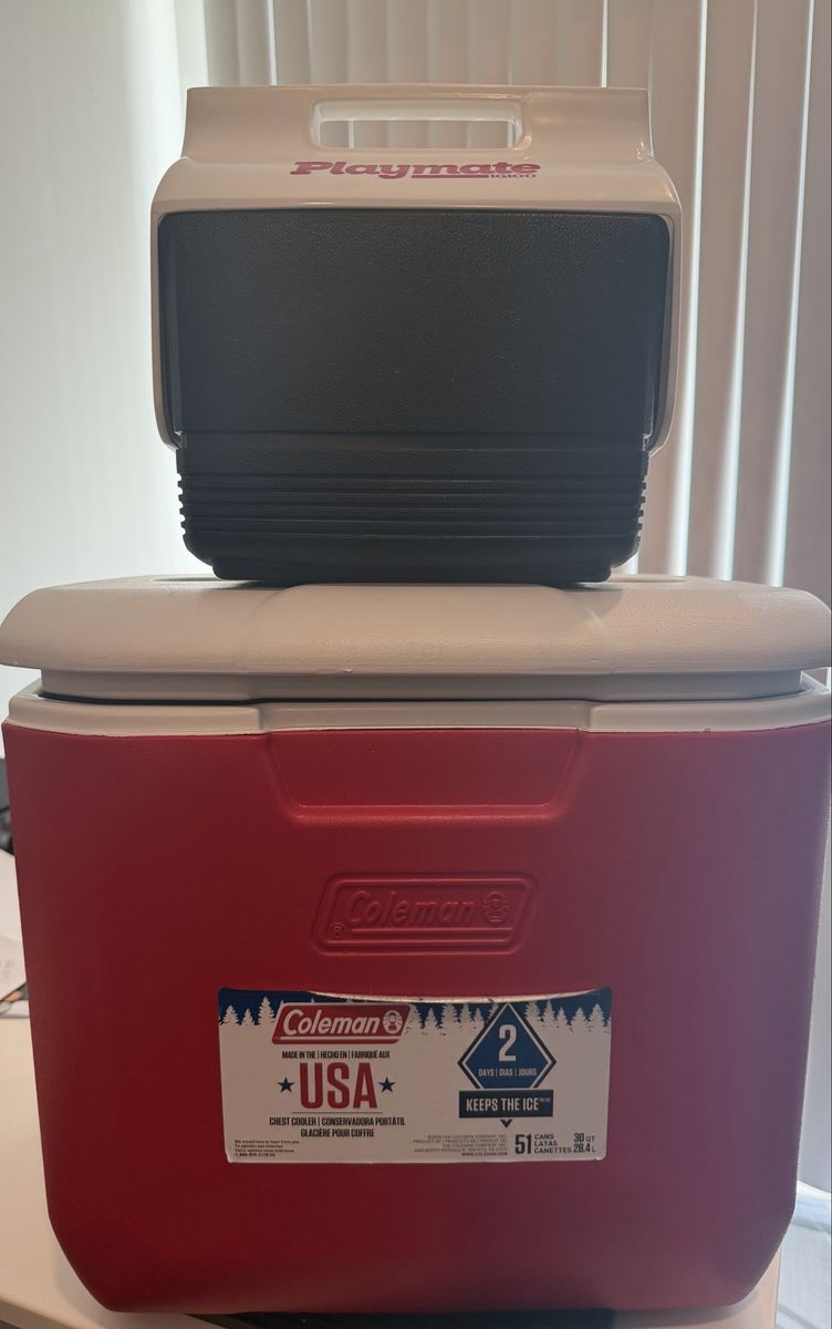 Both New: Coleman 30 Quart Chest Cooler Red 51 Cans Capacity / playmate 6 Can lunch cooler 