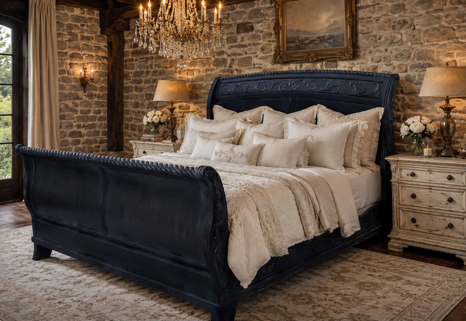 Giverny European King Sleigh Bed Frame Black Cottagecore French Farmhouse Gothic Academia