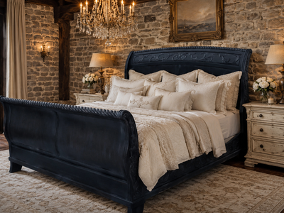 Giverny European King Sleigh Bed Frame Black Cottagecore French Farmhouse Gothic Academia