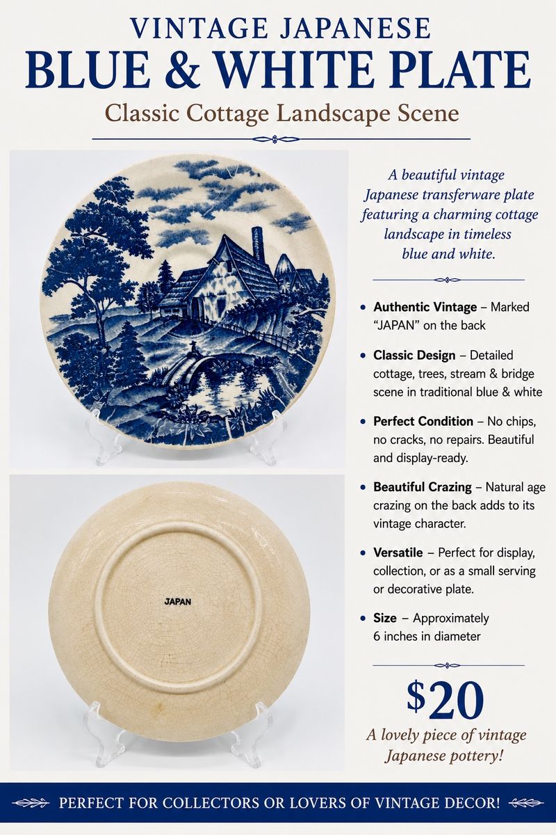 Vintage Japanese Blue & White Transferware Plate Cottage Landscape 6 In