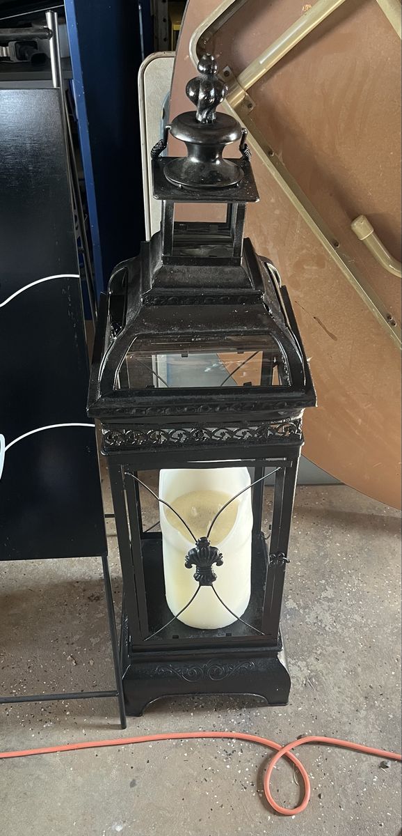Large Black Decorative Metal Lantern with Faux Candle - Ornate Design, Indoor/Outdoor Decor 4 ft
