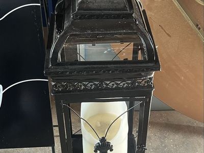 Large Black Decorative Metal Lantern with Faux Candle - Ornate Design, Indoor/Outdoor Decor 4 ft