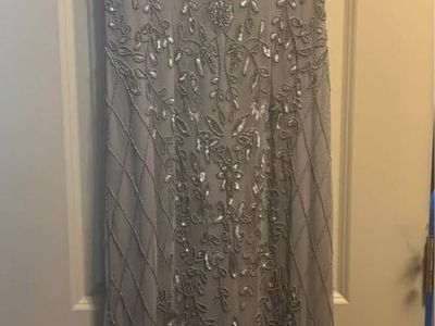 Oleg Cassini Beaded Short Sleeve V-Neck Evening Dress Gown Grey Size 8