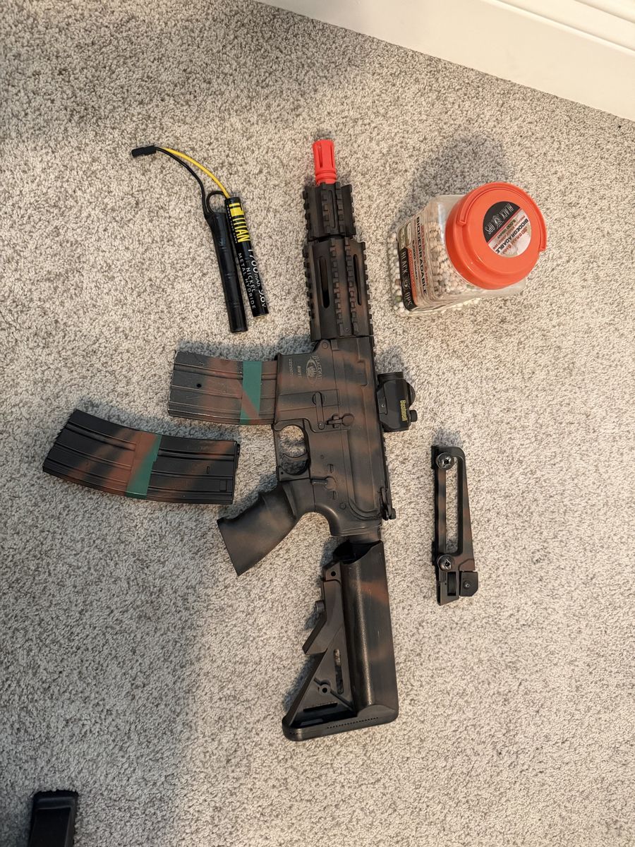 Black Ops Airsoft Rifle with Custom Paint, Scope, Titan 9.6V Battery, and BBs