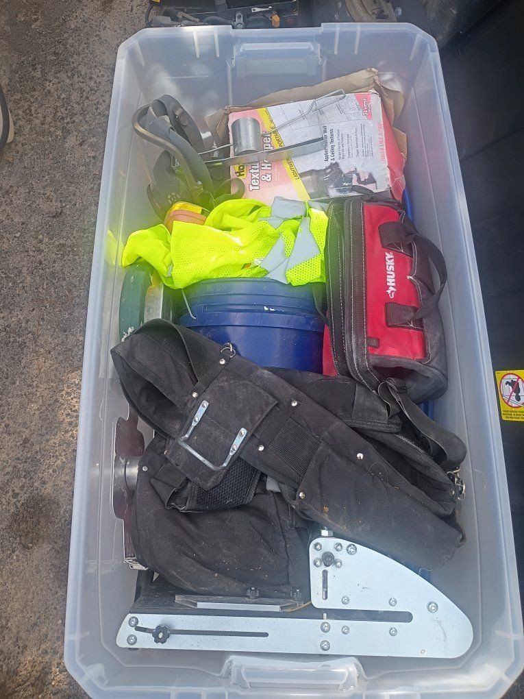 Large bin of Tools. Sheetrock, Flooring,Texturing and tons of misc.