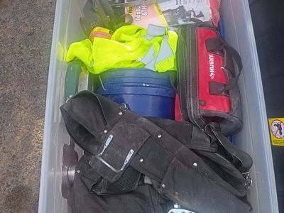 Large bin of Tools. Sheetrock, Flooring,Texturing and tons of misc.