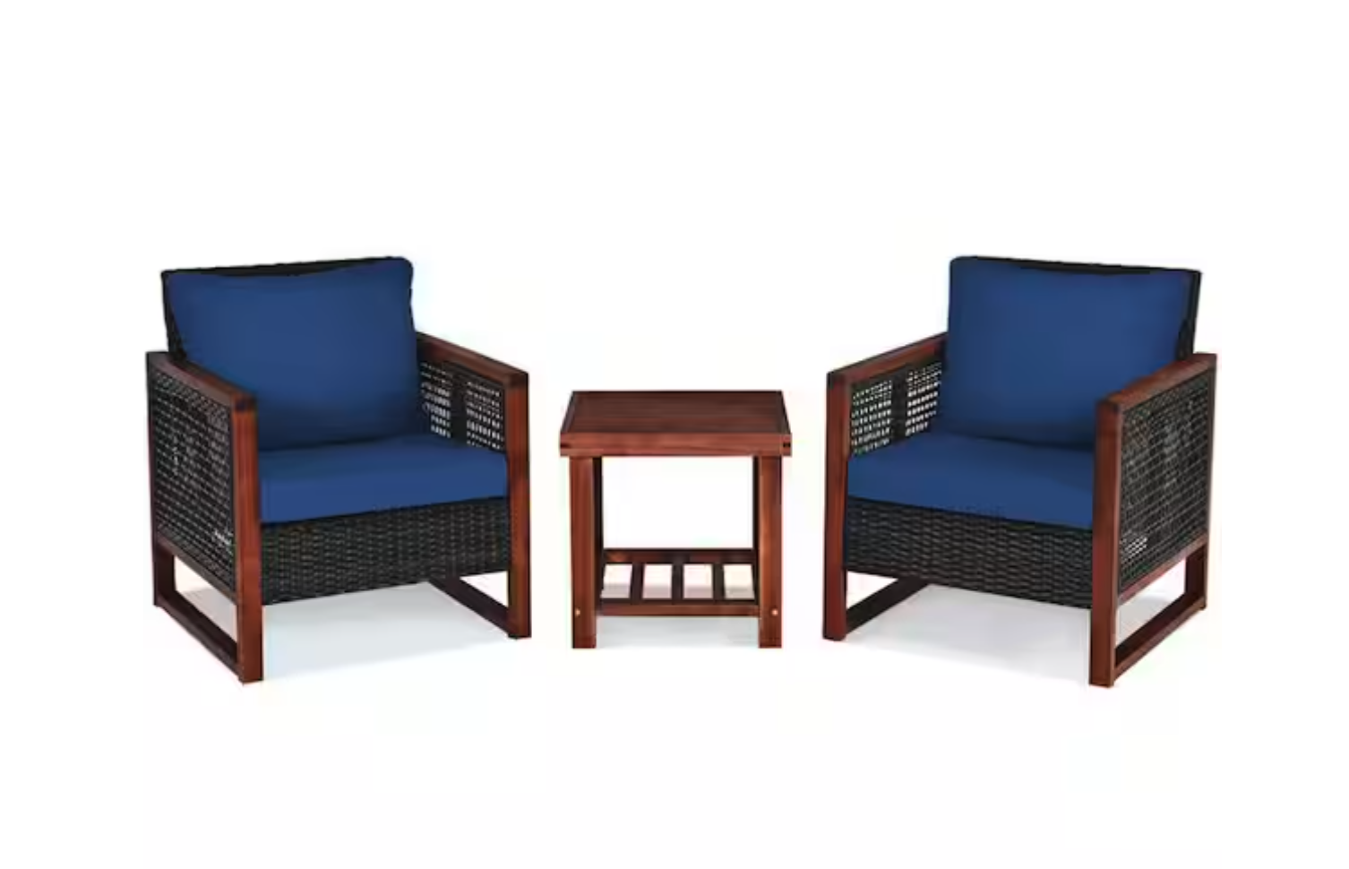 New in Box 3-Pieces Wicker Wood  Lounge Chair with Navy Cushion Guard and Acacia Wood Coffee Table