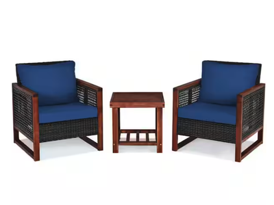 New in Box 3-Pieces Wicker Wood Lounge Chair with Navy Cushion Guard and Acacia Wood Coffee Table