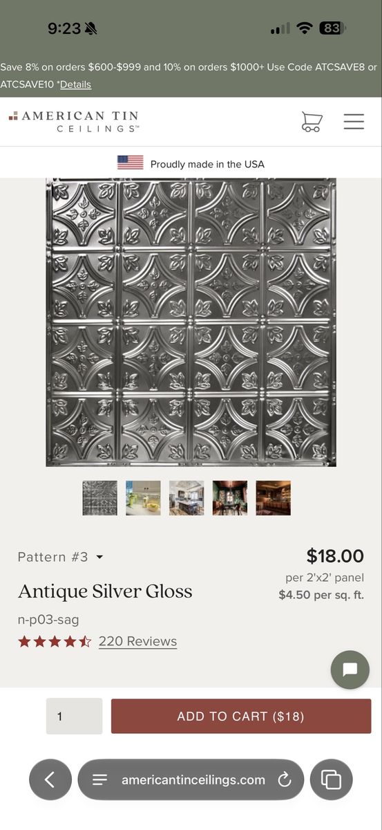 American Tin Ceilings 2'x2' Pattern #3 Antique Silver Gloss Ceiling Panel (n-p03-sag)