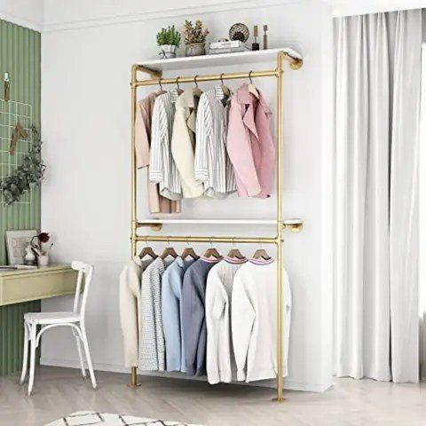 Gold Wall-Mounted Clothing Rack with Shelf and Double Hanging Bars