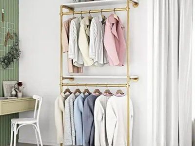 Gold Wall-Mounted Clothing Rack with Shelf and Double Hanging Bars