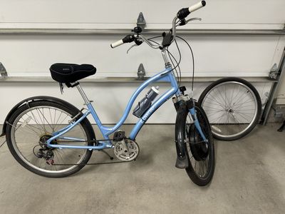 Electra Townie Step-Thru w/ Front Wheel E-Bike Conversion Kit, Light Blue