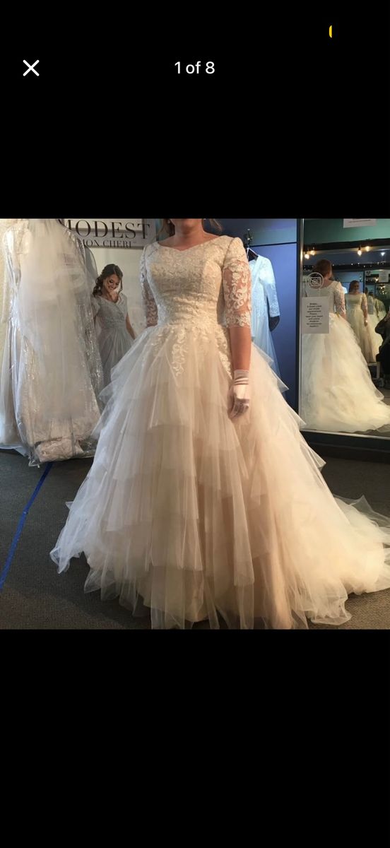 Modest Mon Cheri Champagne Wedding Gown - Size 14 - Lace Bodice, Tulle Skirt, 3/4 Sleeves