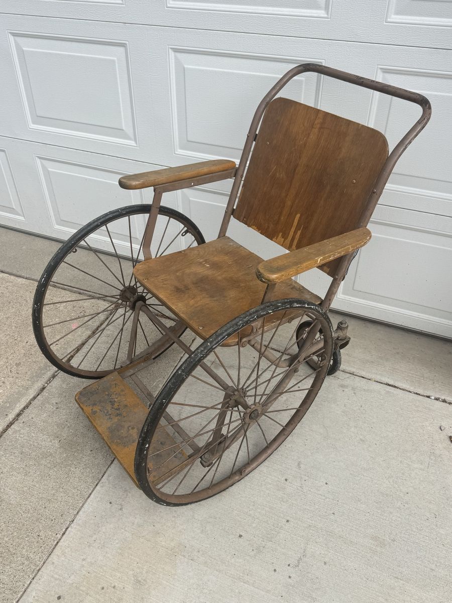 Vintage Antique Wooden Wheelchair with Large Spoke Wheels