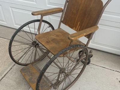 Vintage Antique Wooden Wheelchair with Large Spoke Wheels
