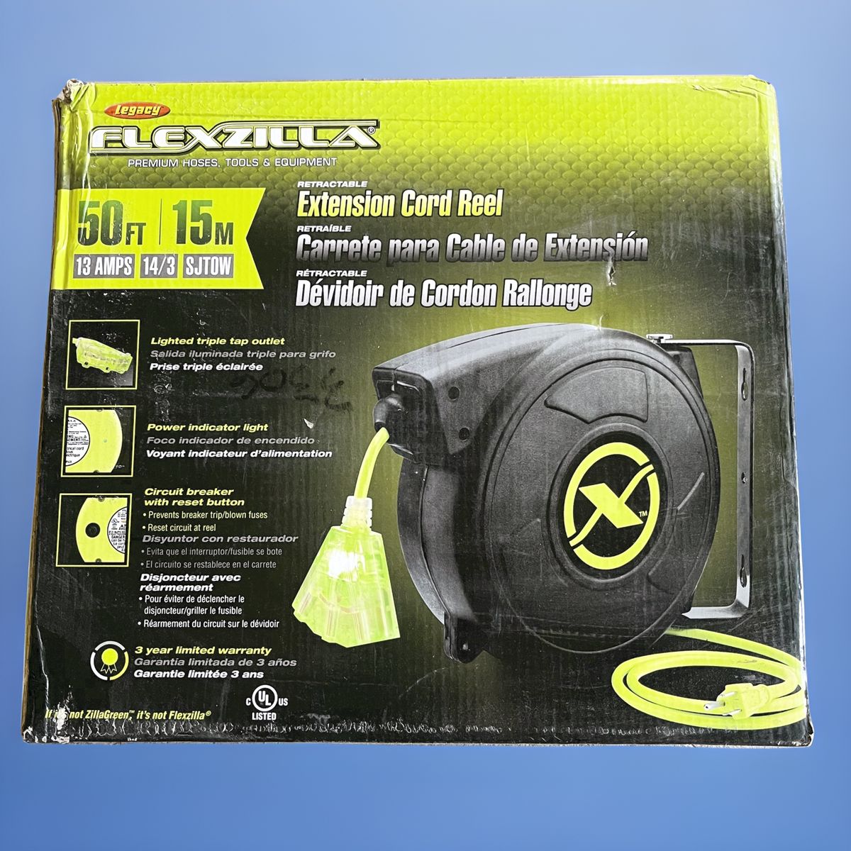 Flexzilla Legacy 50ft Retractable Extension Cord Reel, 13 Amps 14/3 SJTOW, Lighted Triple Tap Outlet