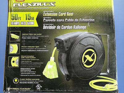 Flexzilla Legacy 50ft Retractable Extension Cord Reel, 13 Amps 14/3 SJTOW, Lighted Triple Tap Outlet