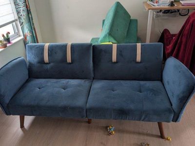 Blue Velvet Convertible Futon Sofa Bed, Modern Compact Loveseat