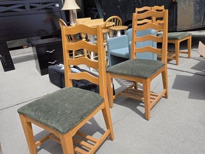 6 wood and green chairs