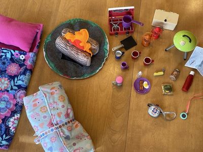 Doll Camping Set - 2 Sleeping Bags fit dolls up to 18” + Campfire, Stove, Grill & Accessories