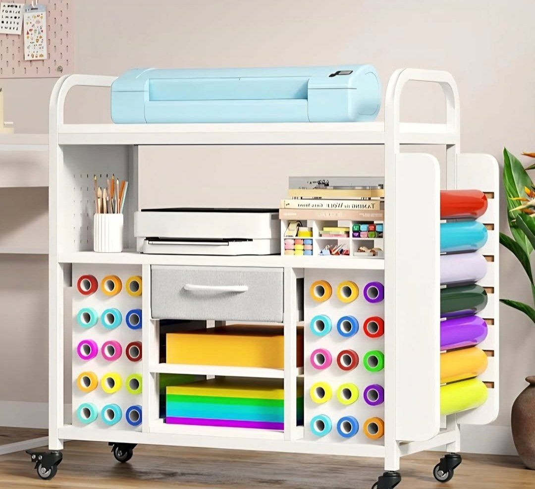 Craft Organization and Storage Cart with Wheels, Vinyl Roll Holder & Hook Up, Large Rolling Craft Table with Storage Drawer, Org