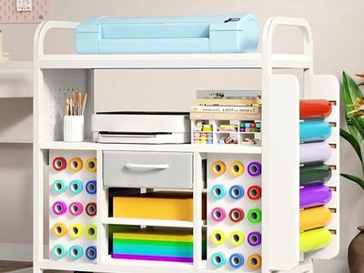 Craft Organization and Storage Cart with Wheels, Vinyl Roll Holder & Hook Up, Large Rolling Craft Table with Storage Drawer, Org