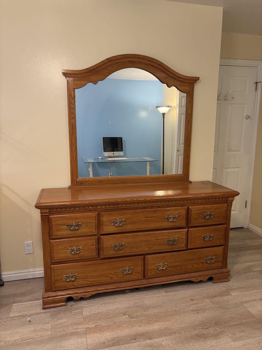 Large Wooden Dresser with Matching Arch Mirror and Brass Hardware