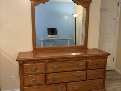 Large Wooden Dresser with Matching Arch Mirror and Brass Hardware