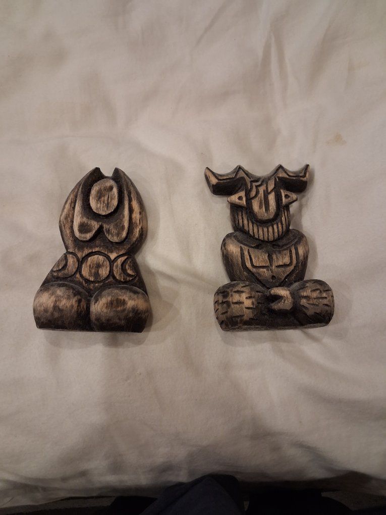 Handmade Wooden Goddess and Horned God Statues Pair