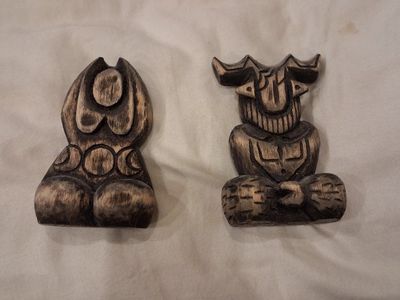 Handmade Wooden Goddess and Horned God Statues Pair