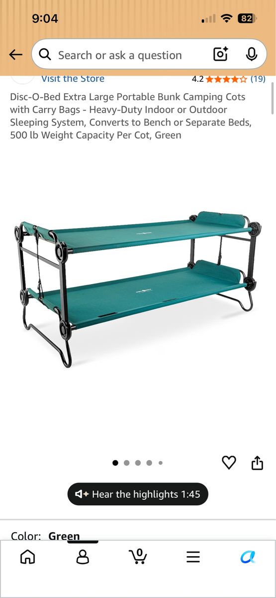 Disc-O-Bed Extra Large Portable Bunk Camping Cots with Carry Bags - 500lb Capacity, Green