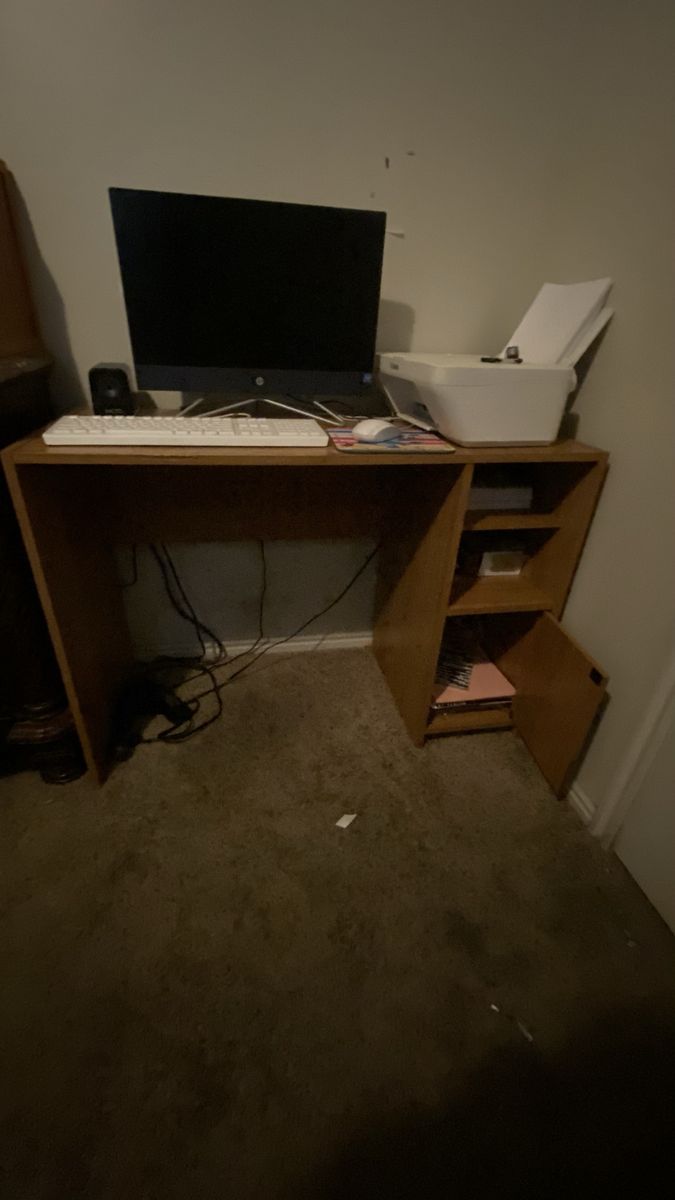 Wooden Computer Desk with Side Shelves and Storage Cabinet