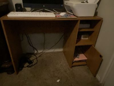 Wooden Computer Desk with Side Shelves and Storage Cabinet
