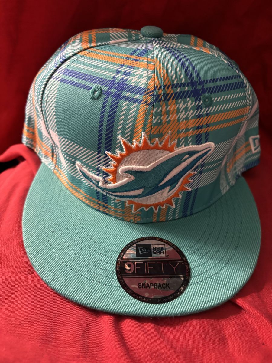 New Era 9FIFTY Miami Dolphins Plaid Snapback Hat Cap Teal Orange