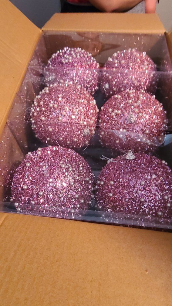 Riceshoot 12 Pcs 6 Inch Pink Glitter Christmas Ornaments with Pearl & Sequin, Shatterproof Holiday Decor