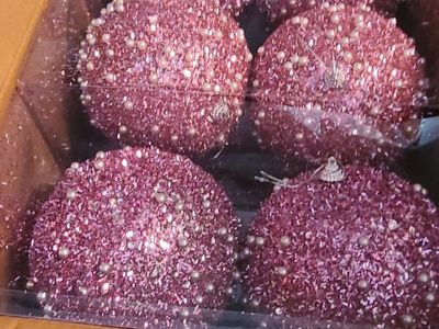Riceshoot 12 Pcs 6 Inch Pink Glitter Christmas Ornaments with Pearl & Sequin, Shatterproof Holiday Decor