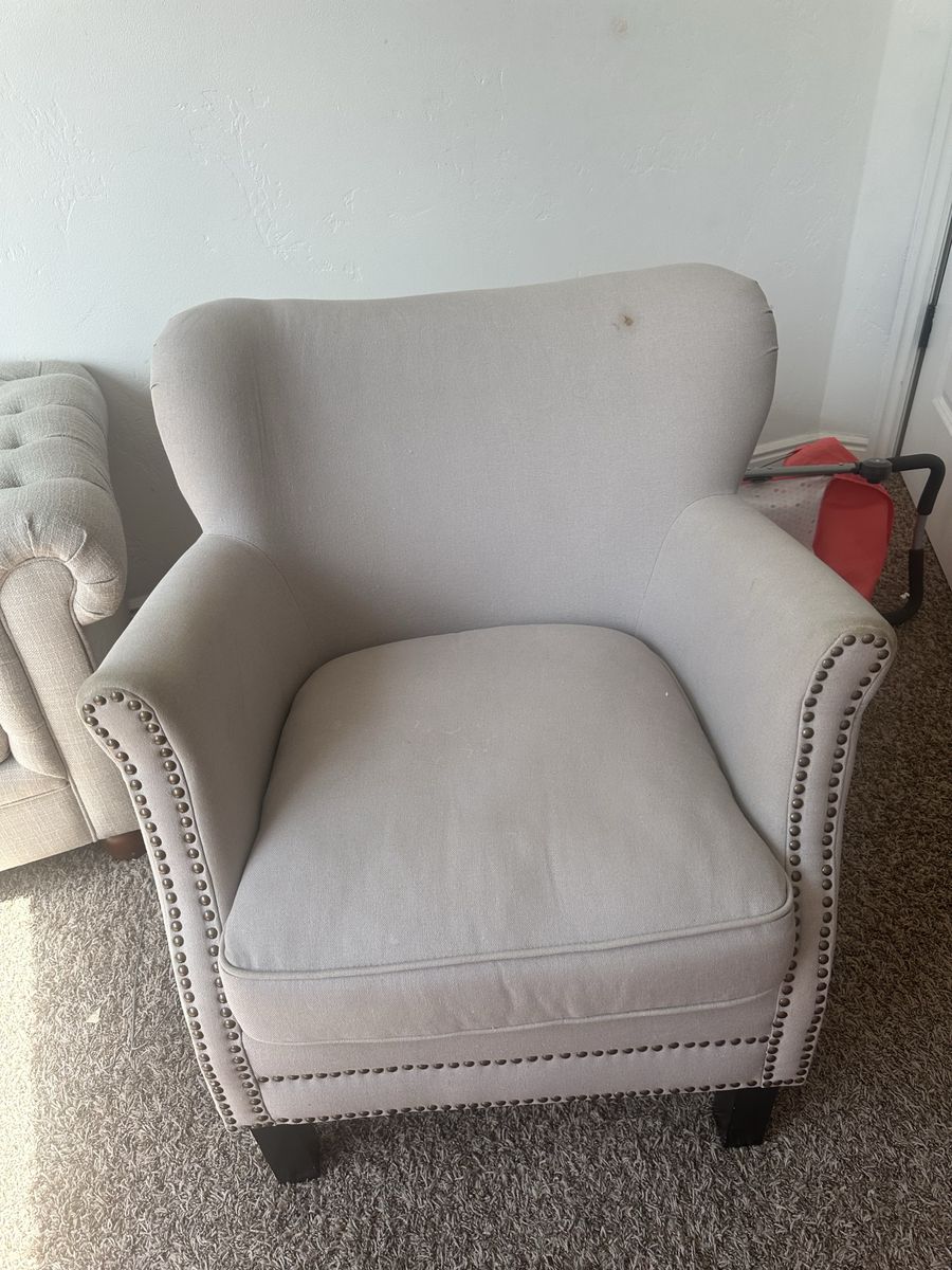 Light Gray Upholstered Armchair with Nailhead Trim Accent Chair