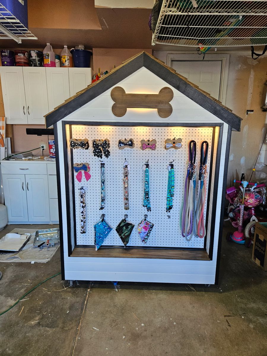 Handmade Dog House Retail Display Stand with Pegboard and Lighting