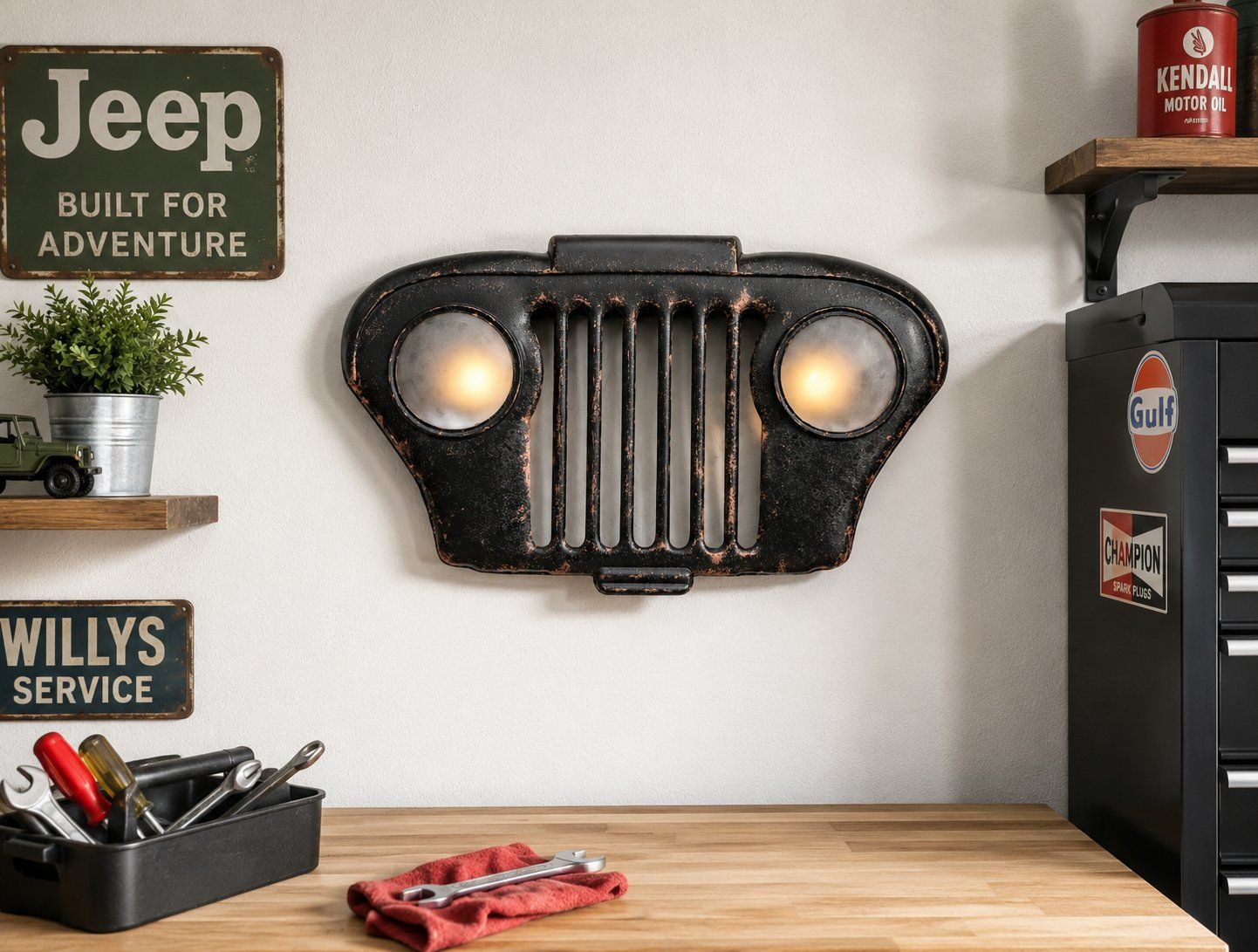 Jeep Grille Wall Decor w/ Remote-Control LED Headlights – Rustic Metal Man Cave Garage Sign