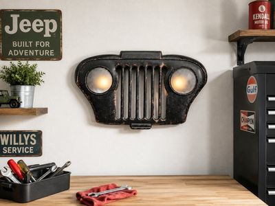 Jeep Grille Wall Decor w/ Remote-Control LED Headlights – Rustic Metal Man Cave Garage Sign