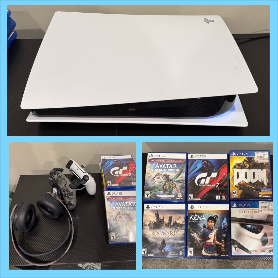 PS5 4K, Games, 2 Controllers Camo Headset