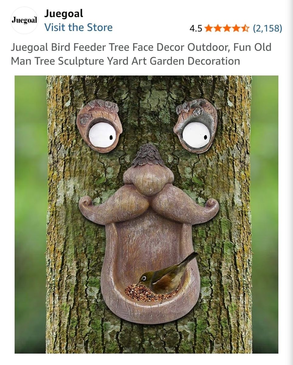 Juegoal 10" Bird Feeder Tree Face Decor Outdoor Fun Old Man Tree Sculpture Yard Art Garden Decoration